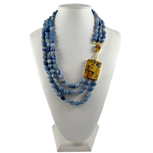 Collana triplo filo di agata azzurra con chiusura in quarzo muschiato e citrino