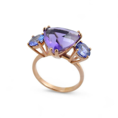 Anello trilogy in oro con ametista e tanzanite