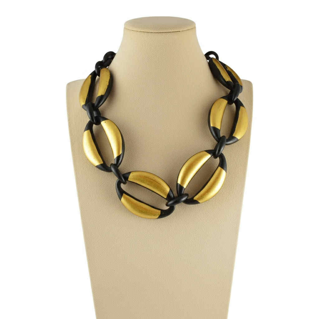 Collana donna groumette in ebano con foglia d'oro - Rosso Veneziano Gioielli