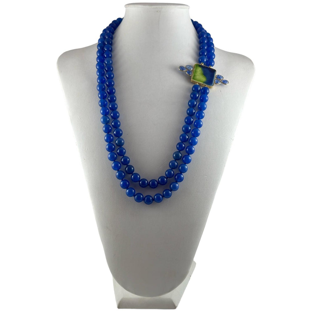 Collana da donna doppio filo in agata blu con elemento in ceramica