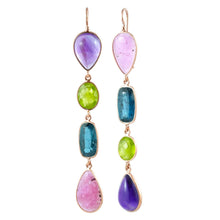 Carica l'immagine nel visualizzatore di Gallery,  Orecchini Pendenti Asimmetrici placcati in Oro Rosa con Rubini, Cianite, Ametista e Peridoto - Rosso Veneziano Gioielli
