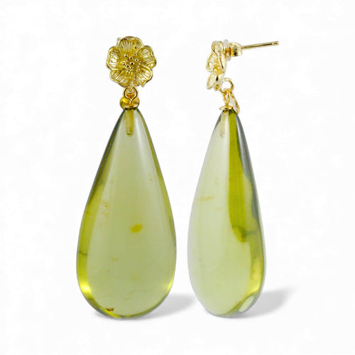 Orecchini a Goccia con Ambra Verde Messicana e Fiore in Argento Dorato – Rosso Veneziano Gioielli