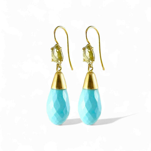 Orecchini a goccia in oro giallo con gocce di turchese e diamanti fancy