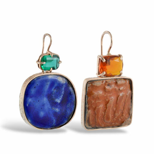 Orecchini donna asimmetrici in ceramica artigianale e quarzi idrotermali