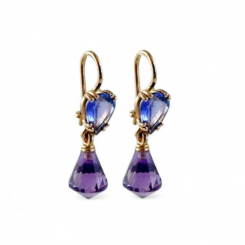 Orecchini in oro rosa con gocce di tanzanite e briolette di ametista
