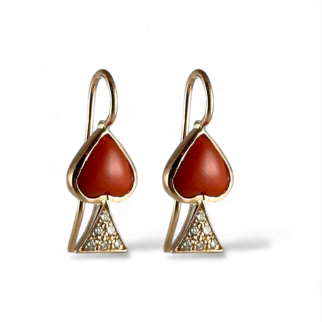 Orecchini donna in oro rosa con cuori di corallo e diamanti